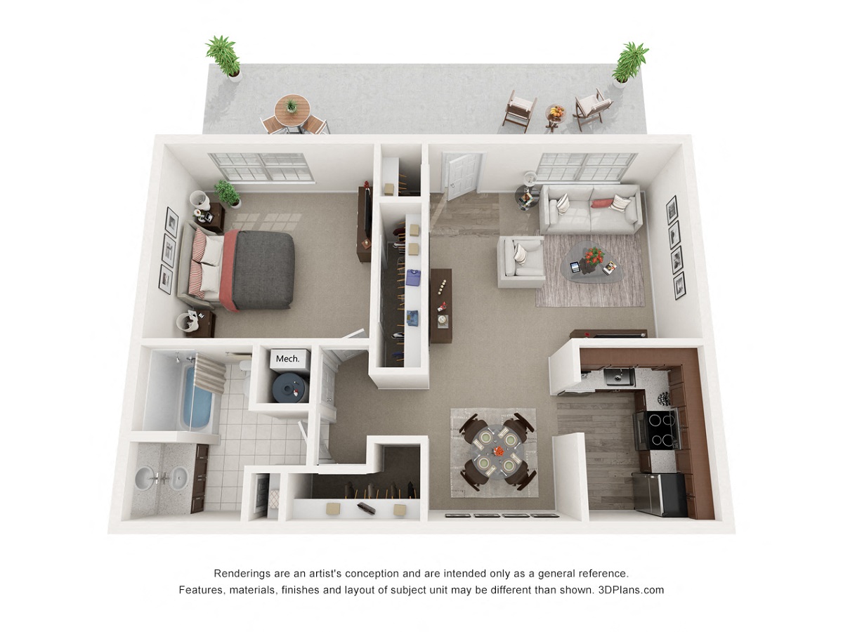Floor plan for 1 bed, 1 bath, 729 sqft